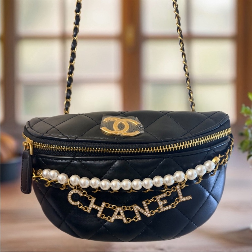 Chanel Navy Quilted Crossbody Bag with Gold and Pearl Accents